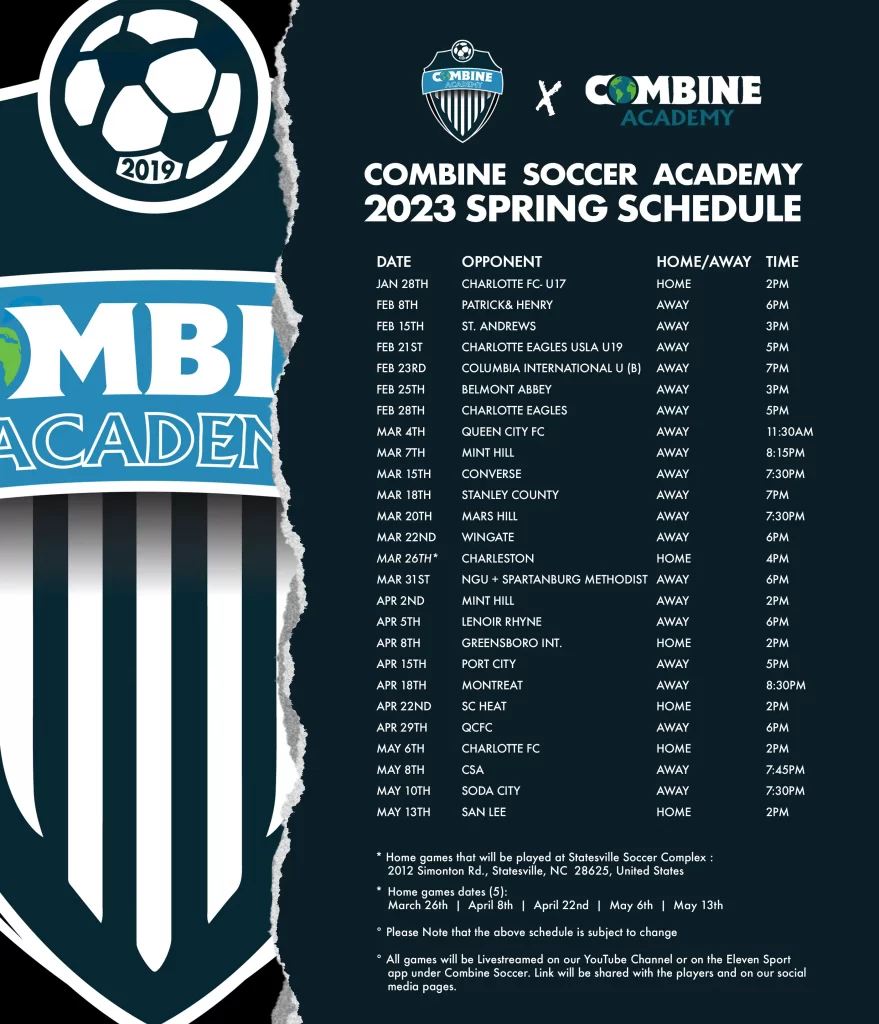 2023 Combine Academy Spring Soccer Schedule