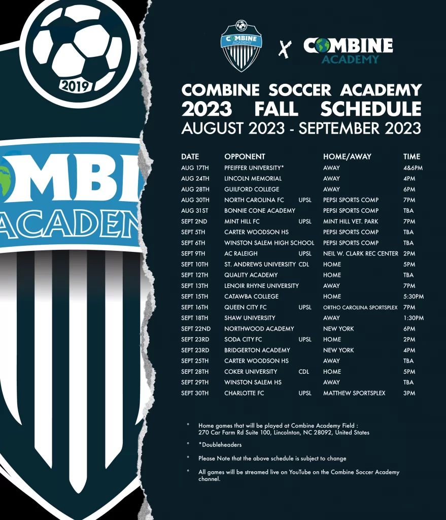2023 Combine Academy Fall Soccer Schedule Aug - Sept