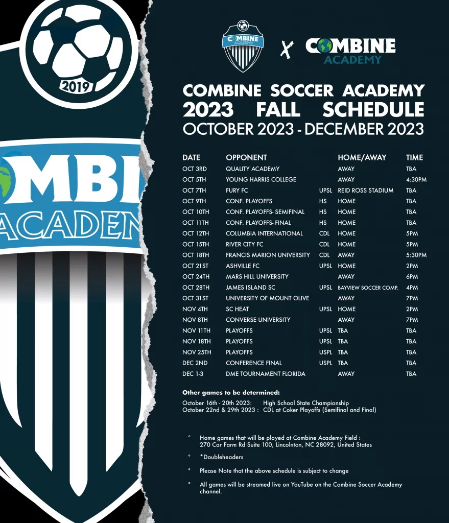 2023 Combine Academy Fall Soccer Schedule Oct - Dec.