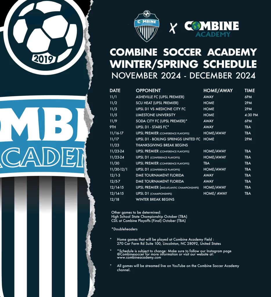 Combine Academy November - December 2024 Schedule