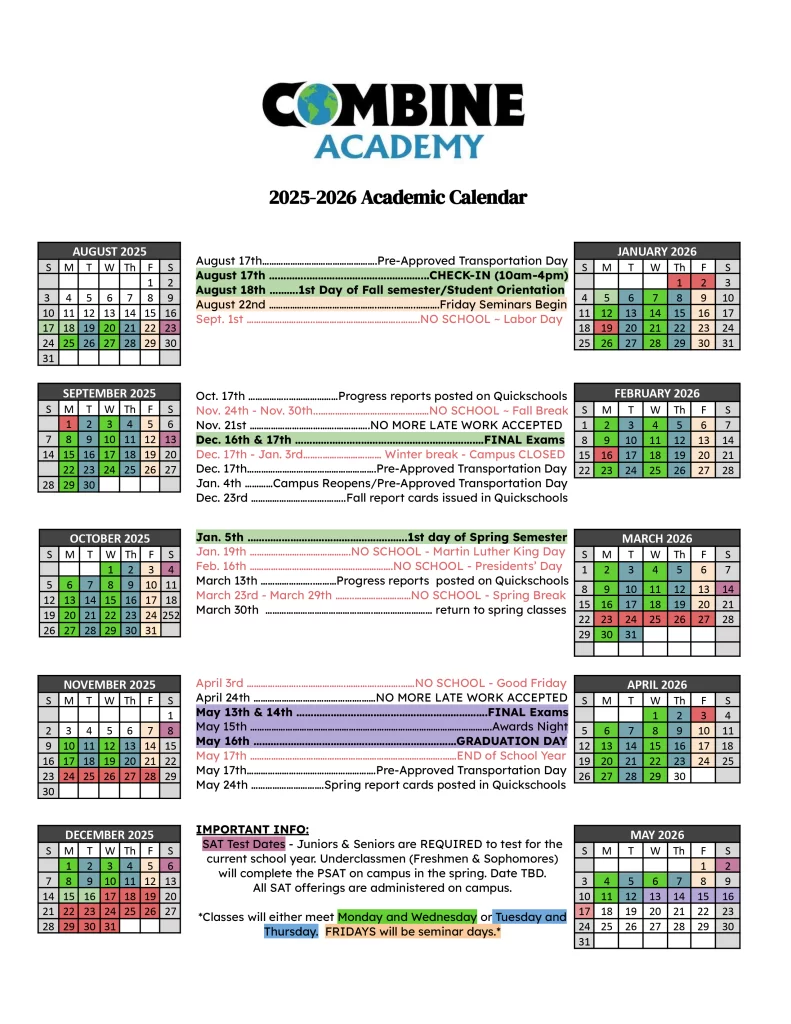 2025 - 2026 Combine Academy Academic Calendar